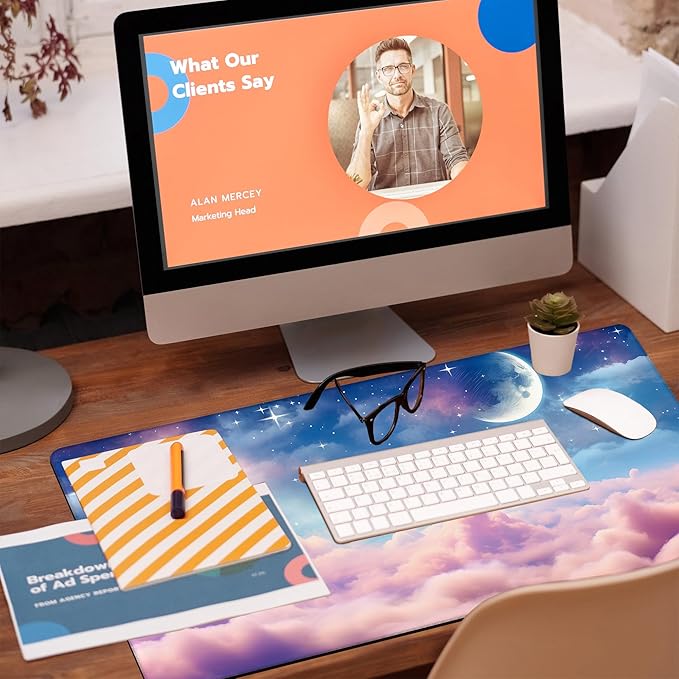 Desk Pad, Watercolor Fantasy Clouds Cape Desk Mat, Stars and Crescent Moon Large Gaming Mouse Pad for Desk, 31.5"x15.7" Extended Big Computer Mouse Pad with Non-Slip Base and Stitched Edge