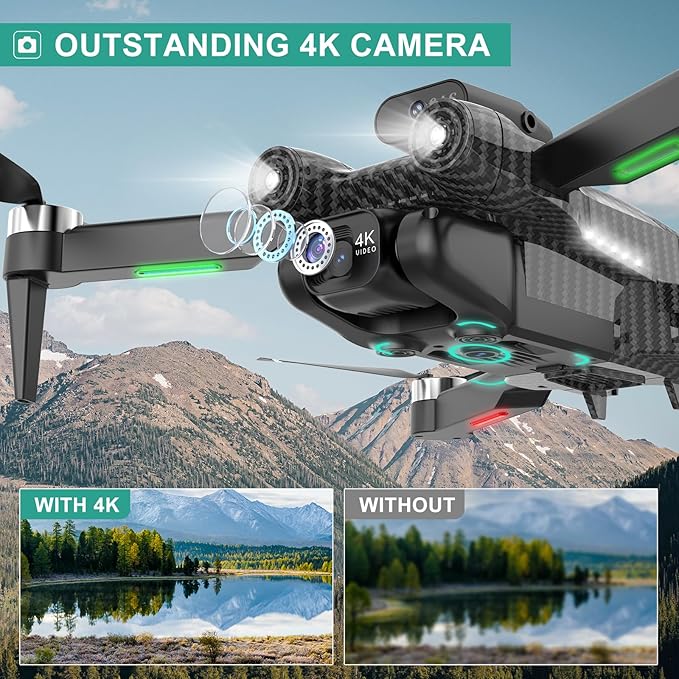 4K Drones with Camera for Kids, Drones for Adults withEmergency Stop, Headless Mode, 360° Flips, CarryingCase & 2 Batteries,Wireless RC Toys for Boys Girls(Charcoal black)