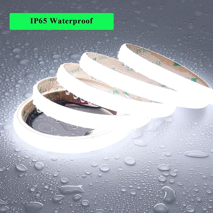 JOYLIT 24V Diffused COB LED Strip Lights Dual Row 16.4FT 560LEDs/M 6000K Cool White IP65 Waterproof, CE UL Professional 655LM/FT Super Bright Dotless Dimmable Adhesive LED Tape 12MM Wide 24W/M CRI 92