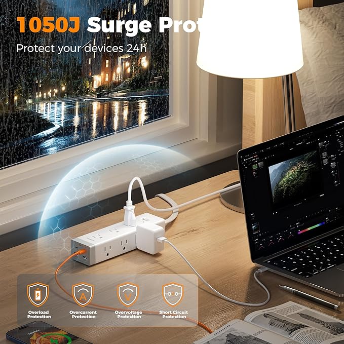 TESSAN Surge Protector Power Strip PD 20W, Ultra Thin Flat Plug 6 FT Extension Cord, 9 Outlets 4 USB(2 USB C), 1050J Protection Multiple Outlets Charging Station for Home, Office, College Dorm Room