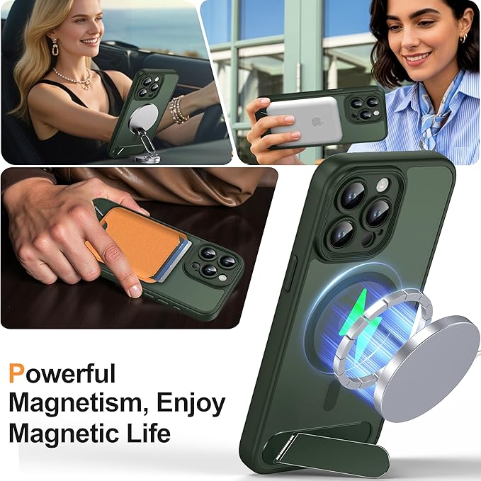 Magnetic Compatible with iPhone 15 Pro Max Case, [Built-in Kickstand][Full Camera Protection][Compatible with MagSafe][Anti-Fingerprint] Shockproof Phone Case for iPhone 15 Pro Max 6.7",Green