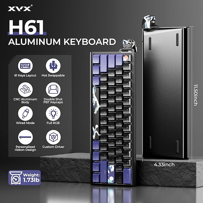HITIME x XVX 60% Percent Keyboard with Strap, H61 Wired Aluminum Gaming Keyboard, Hot Swappable, Kanagawa Anime PBT Keycaps, RGB Backlit, Cherry Profile, Sound Absorbing Pads, Creamy Linear Switch