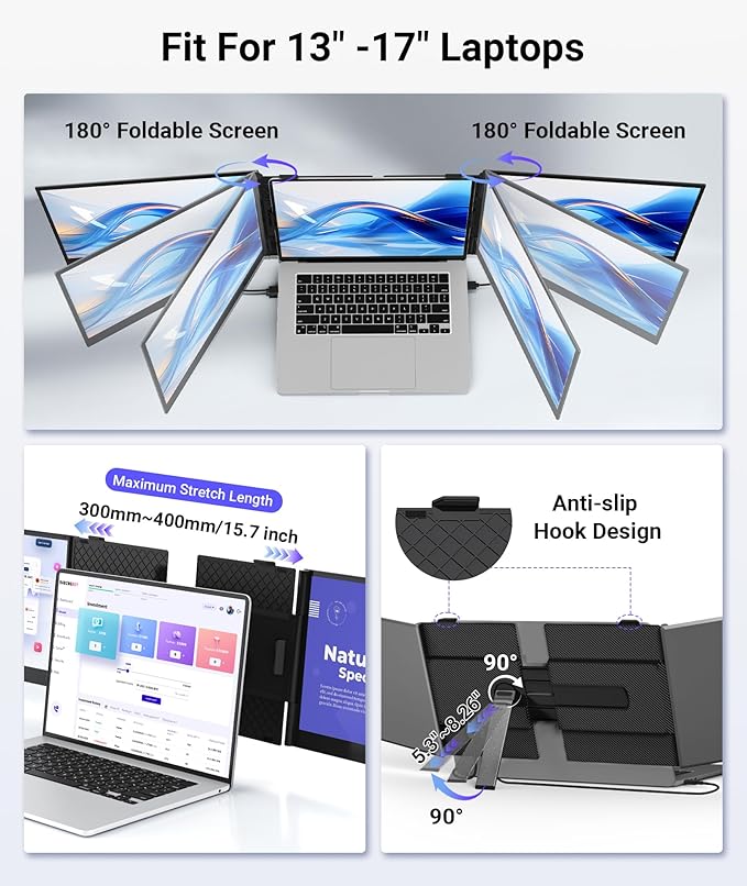 14" Triple Laptop Screen Extender, Ultra-Thin FHD 1080P Portable Monitor, 2.2lbs Lightweight Plug & Play Travel Monitor for 13"-17" Laptops, Compatible with Windows/Mac/Android/Chrome