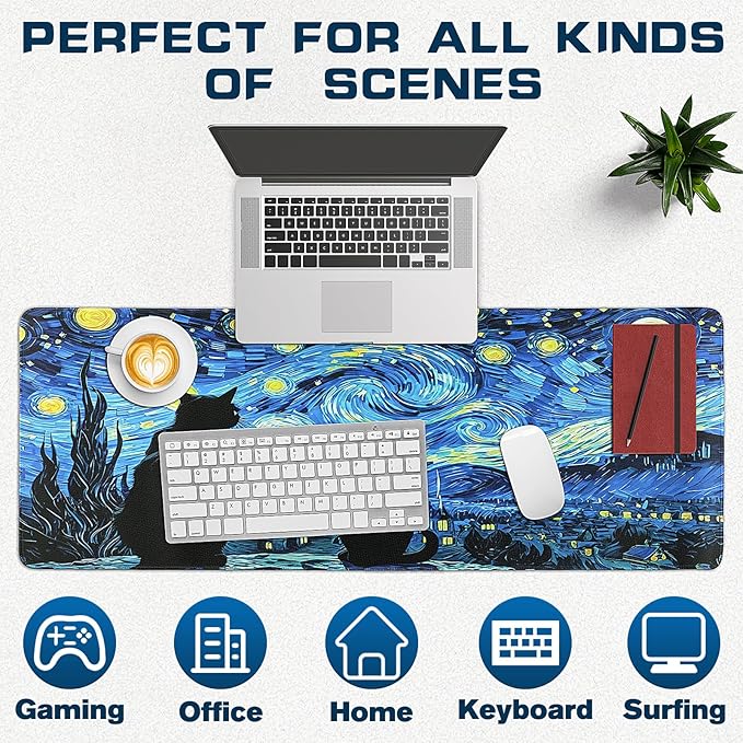 Mouse Pad Gaming - Desk Mat for Keyboard and Mouse - Van Gogh Starry Night Large Mouse Pads for Desk, Gaming Mousepad with Non-Slip Base, Desks Pad (31.5" X 11.8") for Game, Office and Home