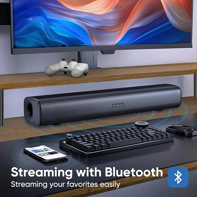 RIOWOIS Sound Bar for Smart TV, Soundbar for TV with Bass Reflector and Easy Set up, Home Audio Surround Sound System for TV PC Projector, Wall Mountable