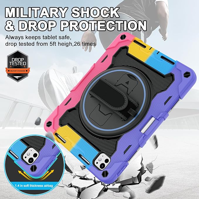 iPad Pro 11 Inch Case M5 2025/M4 2024, Heavy Duty Shockproof Protective Case with Screen Protector, 360° Rotating Stand Hand Strap Shoulder Strap Kids Cover Apple Pencil Holder