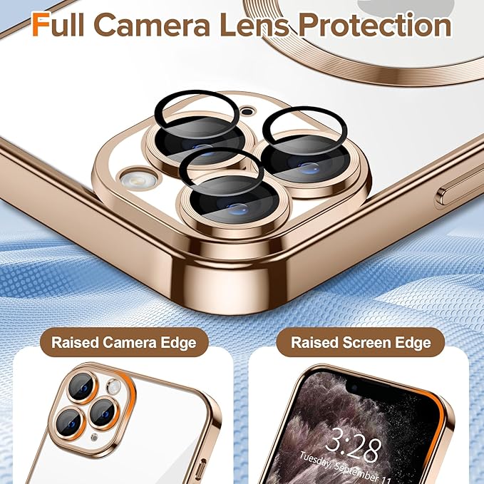 Hython Magnetic Clear for iPhone 11 Pro Max Case with Camera Lens Protector [Compatible with MagSafe] Plating Edge Slim Soft TPU Cover Protective Phone Case for iPhone 11 Pro Max 6.5", Desert Brown