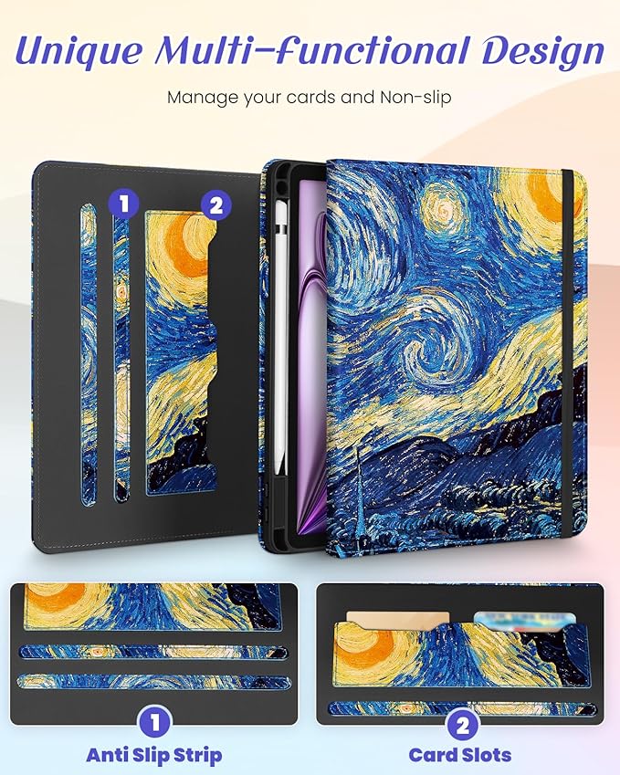 Kidcube for iPad Air 13 Inch Case (M3/M2)/for iPad Pro 12.9 Cases 6th/5th (2022/2021) - Women Girls Kids Cute Rotating Stand Folio Cover with Pencil Holder & Card Slot Design Cool Unique Teens Cover