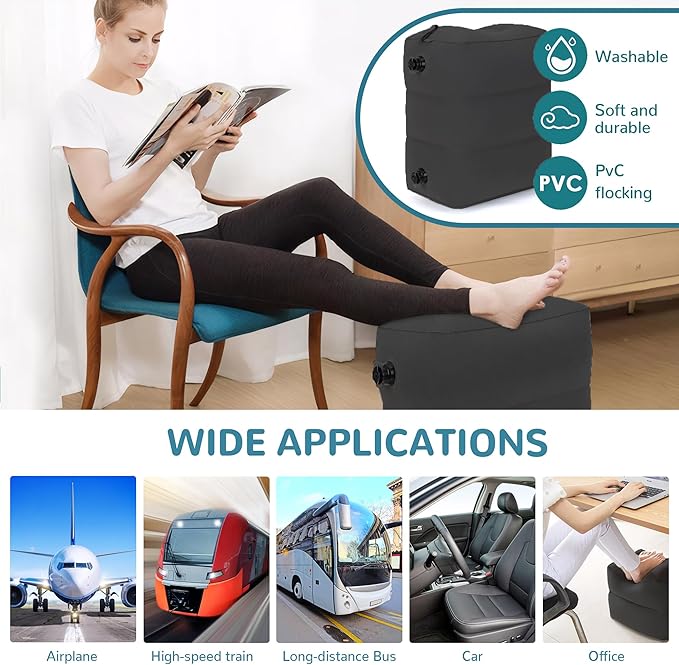 Inflatable Travel Foot Rest Pillow, Adjustable 3 Layers Height Leg Rest Pillow, Kids Airplane Bed, Adults Travel Essentials on Plane, Trains, Cars, Office, Home (Black, 2 PCS)
