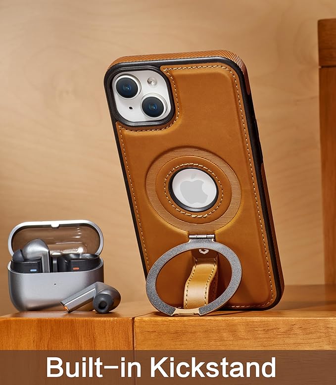 Butaiga for iPhone 14 /iPhone 13 Leather Case with Stand, Anti-Slip Grip Ring, Fits for MagSafe (Brown, iPhone 14/13)