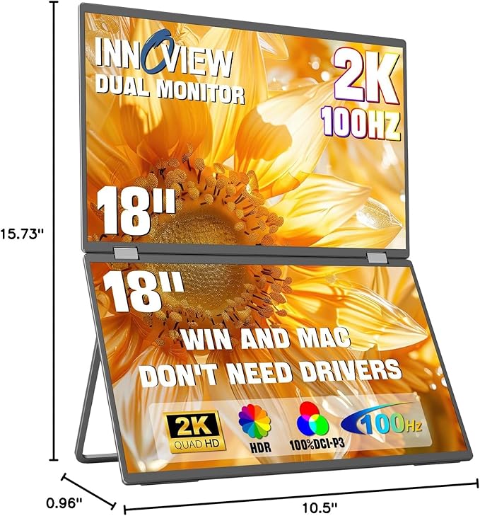 InnoView Dual Portable Monitor 18" 2560x1600P 100Hz 2K 100% DCI-P3 - Foldable & Stackable Design with 315° Screen Adjustment & 180° Stand | DP/USB-C/HDMI, Second Monitor for Laptop, Mac, Windows