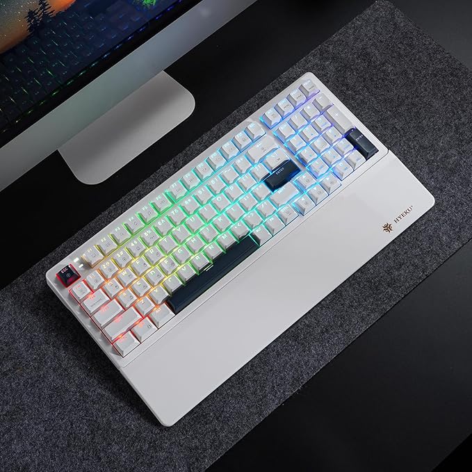 Wireless Mechanical Keyboard with Wrist Rest,Tri-Mode BT5.0/2.4GHz/USB-C Hot Swappable Custom Keyboard,Pre-lubed Clicky Switches,RGB Backlit Computer Gaming Keyboards for PC/Tablet/PS/Xbox(White)