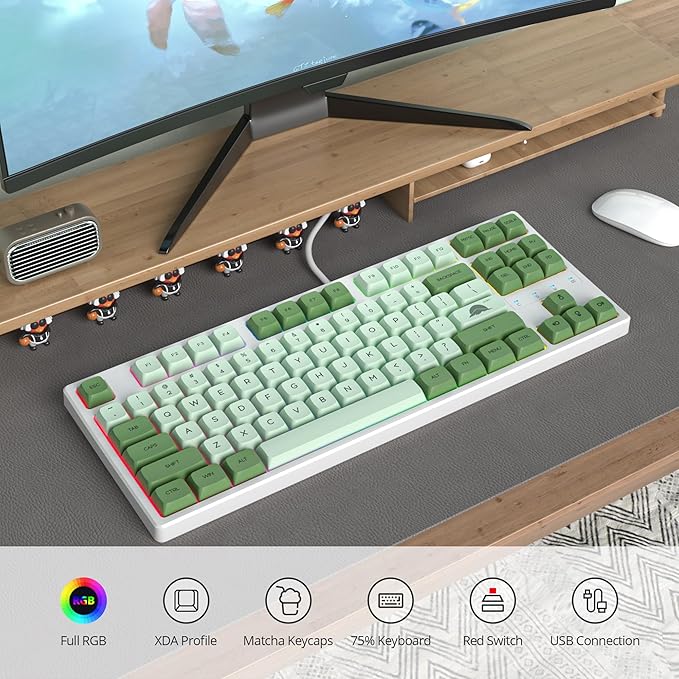 75 Percent Mechanical Gaming Keyboard 87 Keys Matcha Keyboard 75% Wired Keyboard Compact TKL Layout with RGB Backlit Red Switch for PC Laptop(87 Matcha)