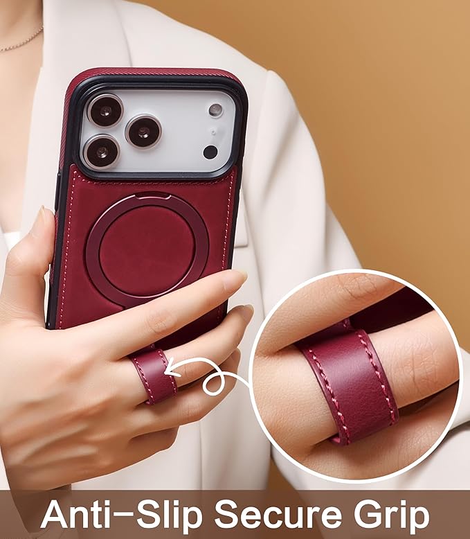 Butaiga for iPhone 17 Pro Max Leather Case with Stand, Anti-Slip Grip Ring, Fits for MagSafe (Burgundy, iPhone 17 Pro Max)