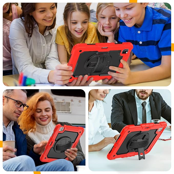 Timecity Case for iPad Pro 11 inch 4th/3rd/2nd/1st Generation 2022/2021/2020/2018, Heavy Duty Protective Case with Screen Protector, Swivel Stand, Hand/Shoulder Strap,Pencil Holder Case- Red