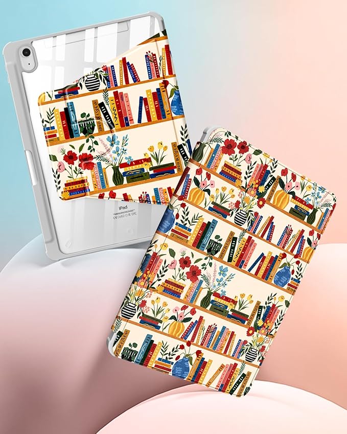 Uppuppy for iPad A16 Case for iPad 10th Generation Case 10.9 inch - 360 Degree Rotating Stand Folio Smart Cover with Pencil Holder for Women Girls, Flower Bookshelf for Apple 10th 2022/11th 2025