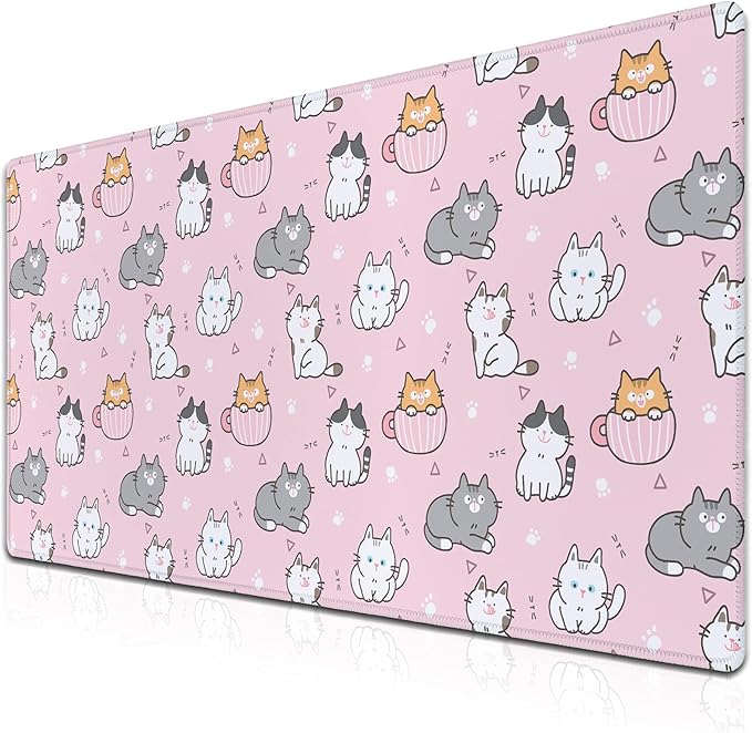 Gaming Mouse Pad Pink, Large Mousepads Computer Desk Mat, XXL Mouse Pad Gaming Non-Slip Rubber Base Waterproof with Stitched Edges, 35.4 X 15.7 inch for Work/Game/Office/Home Cartoon Cat