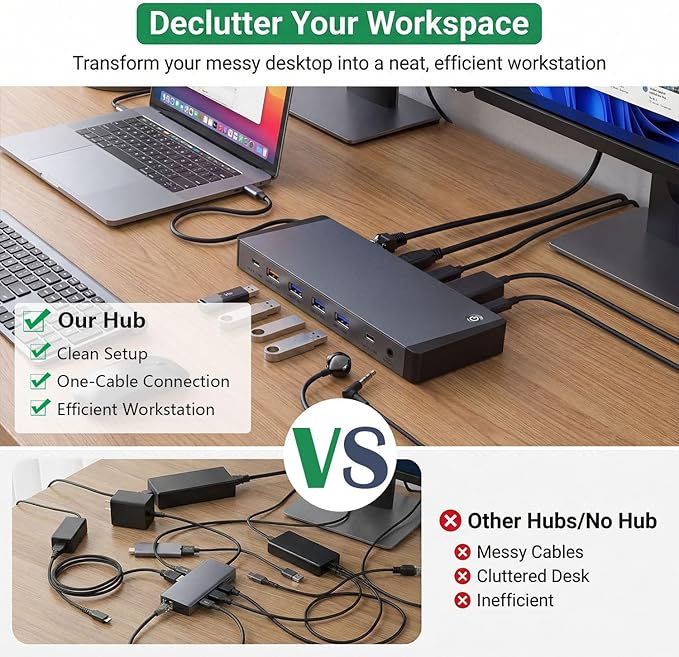 13-in-1 Laptop Docking Station 3 Monitors for Mac and Windows, USB C Hub with Triple 4K@60Hz (2DP+1HDMI), 100W PD Charging, One-Click Screen Off Switch, 10Gbps Data, Gigabit LAN, for Office and Gaming