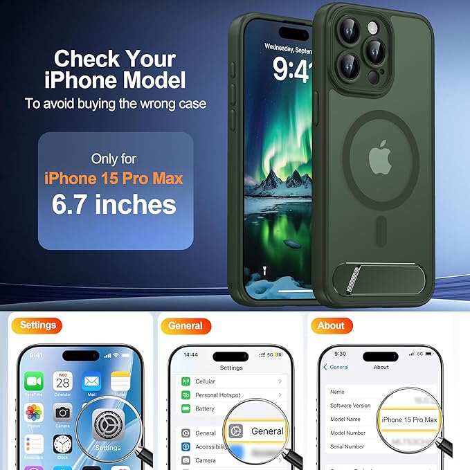 Magnetic Compatible with iPhone 15 Pro Max Case, [Built-in Kickstand][Full Camera Protection][Compatible with MagSafe][Anti-Fingerprint] Shockproof Phone Case for iPhone 15 Pro Max 6.7",Green