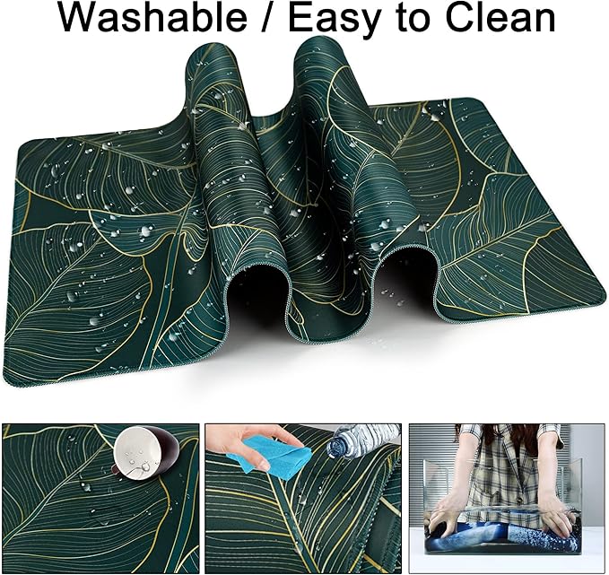 Desk Mat,Large Mouse Pad 35''×15.6'' XXL Extended Gaming Mouse Pad Mat with Non-Slip Base Stitched Eges Mousepad for Computer,Office,Keyboard and Laptop - Green Leaves