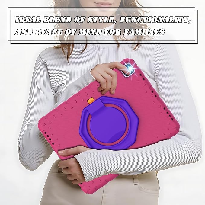 for iPad Pro 12.9 Case 3rd 4th 5th 6th Generation with Pencil Holder & 360° Rotating Handle Stand, New Cute Rugged Cover for iPad Pro 12.9 inch 2022/2021/2020/2018 - Rose Red