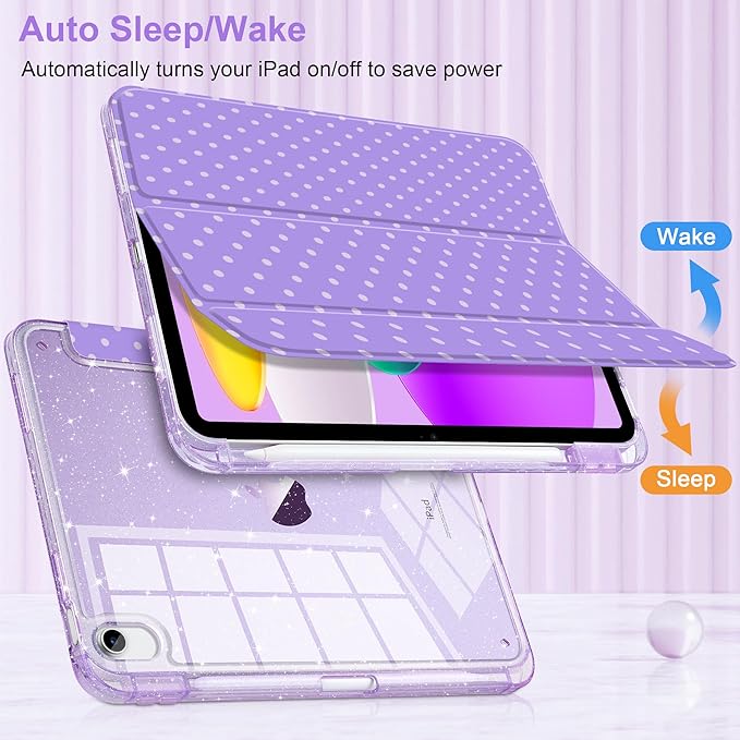 DONGKE for iPad Pro 11 inch Case – Fits M5 2025 / M4 2024, Shockproof Sparkling Glitter Acrylic Back, Pencil Holder, Trifold Stand, Auto Sleep/Wake & Touch ID Support - Purple Polka Dot