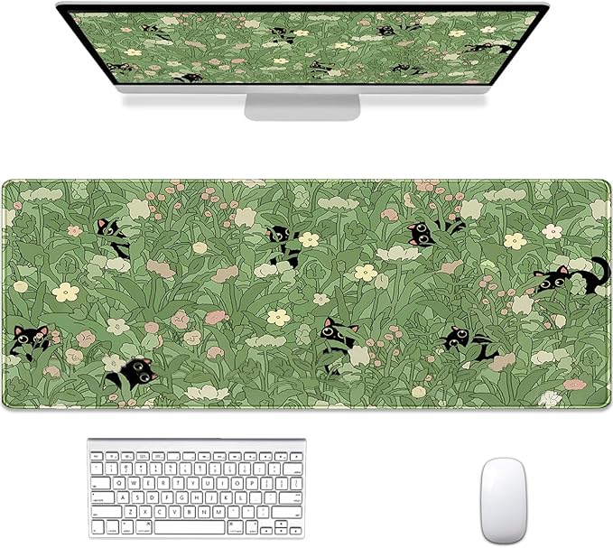 Gaming Mouse Pad XXL Extended Anime Mouse Pad 31.5x11.8 inch, Large Cute Kawaii Big Computer Mouse Mat Desk Pad with Non-Slip Rubber Base and Stitched Edge for Home Office-Cat in Grass
