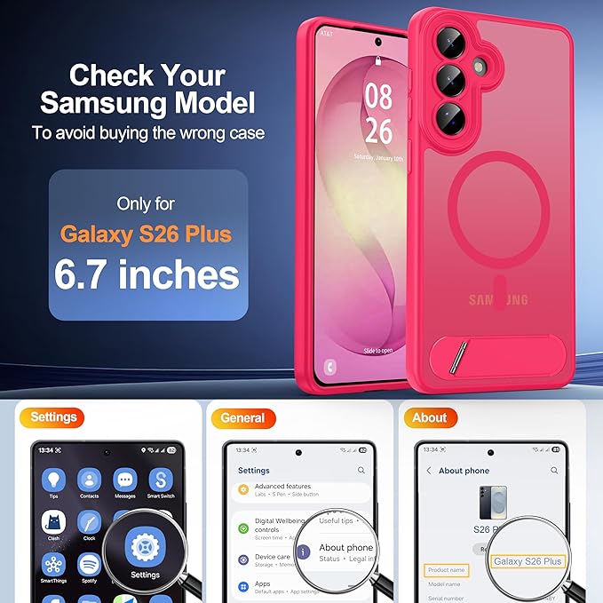 Magnetic for Samsung Galaxy S26+ Plus Case, [Compatible with MagSafe][Full Camera Protection][Built-in Invisible Kickstand] Translucent Matte Phone Case for S26 Plus 6.7" - Hot Pink