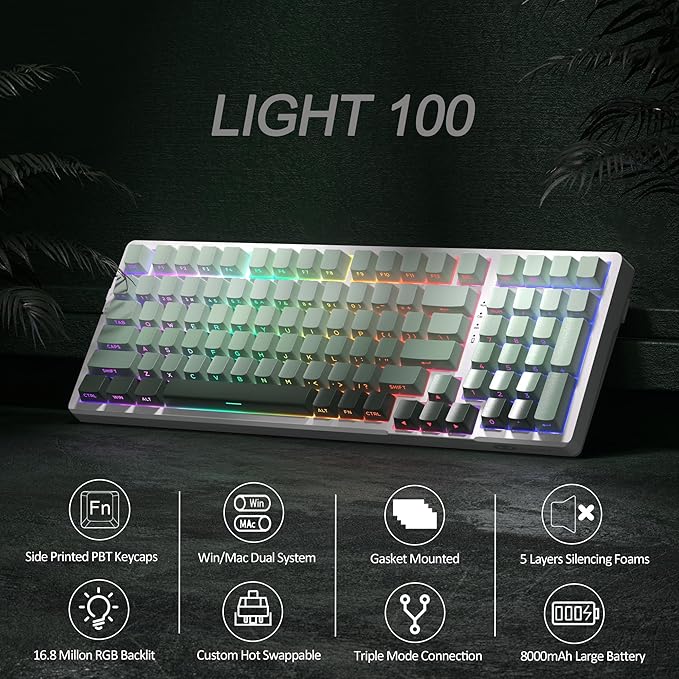 MageGee LIGHT100 Wireless Creamy Keyboard, Gasket Structure Hot Swappable, 2.4G/USB-C/BT5.0 RGB Backlit Mechanical Gaming Keyboard for Win/Mac/PC, 8000mAh Battery, Side Printed PBT Keycap, Green