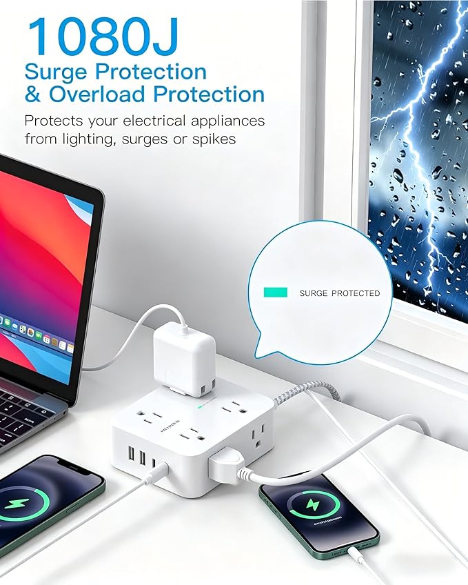 HANYCONY 5 Ft Braided Extension Cord with Ultra-Thin Flat Plug, 8 Widely Spaced Outlets and 4 USB Ports (2 USB C), 1080J Surge Protector Power Strip, Small Desktop Charging Station for Dorm Room