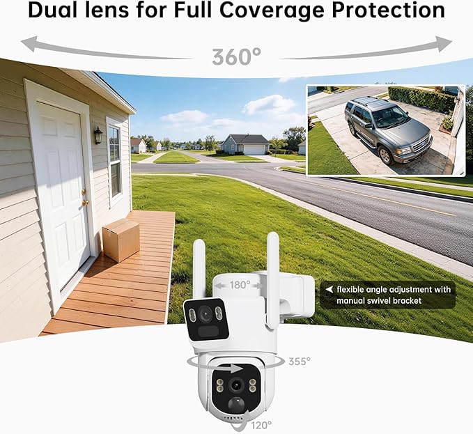 SEHMUA Dual Lens Solar Security Cameras Wireless Outdoor, 2K+2K Dual Views Outdoor Camera Wireless, Color Night Vision, PIR Motion Alerts, 2.4GHz WiFi, IP65, Optional Storage