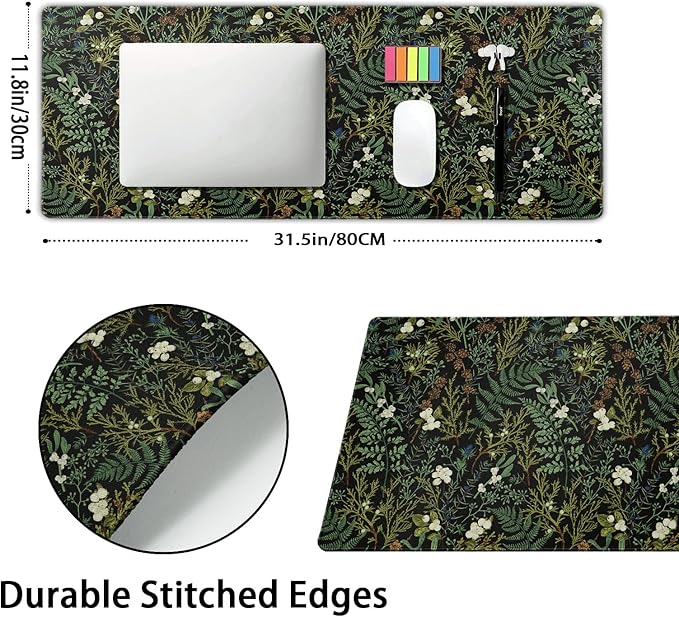 Black Aesthetic Vintage Botanical Gaming Mouse Pad XL Cute Forest Green Plant Nature Floral Extended Large Big Mousepad Non-Slip Stitched Edge Long Mat for Desk Office Computer,31.5×11.8 in