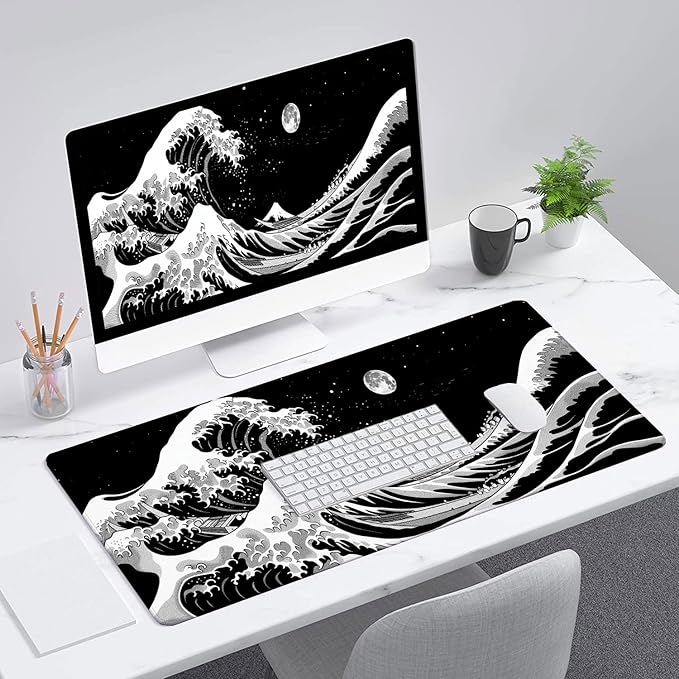 Japanese Sea Wave Anime Desk Mat Black and White Kanagawa XL Mouse Pad Large Mousepad Extended Laptop Keyboard Mat Gaming Desk Pad Mouse Mat 31.5"x11.8" Office Computer Keyboard Laptop Home
