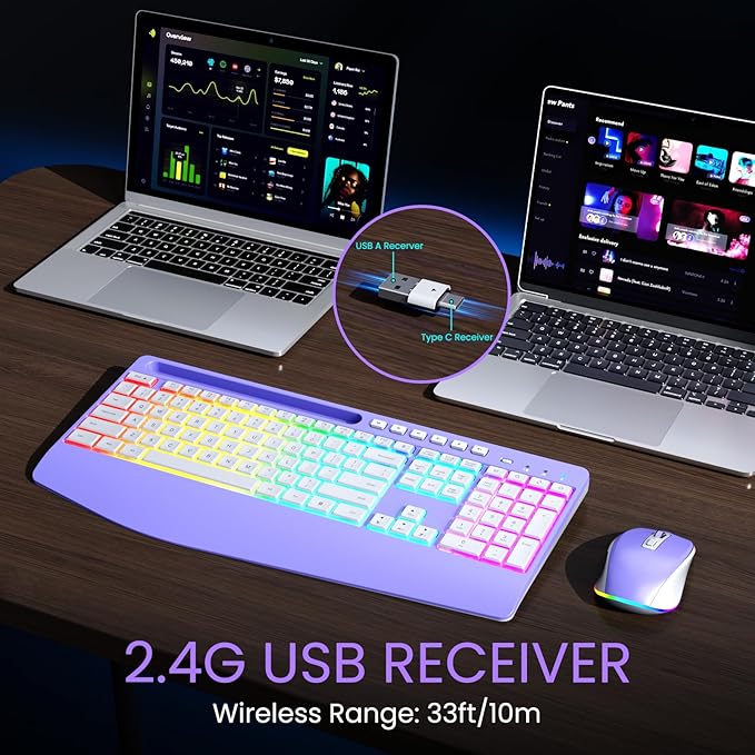 Wireless Keyboard and Mouse Combo- VEILZOR 2.4G Rechargeable Keyboard with Phone Holder, Ergonomic Wrist Rest, 9 RGB Backlit Effects, Silent Keyboard Mouse Set for Windows, Laptop, PC