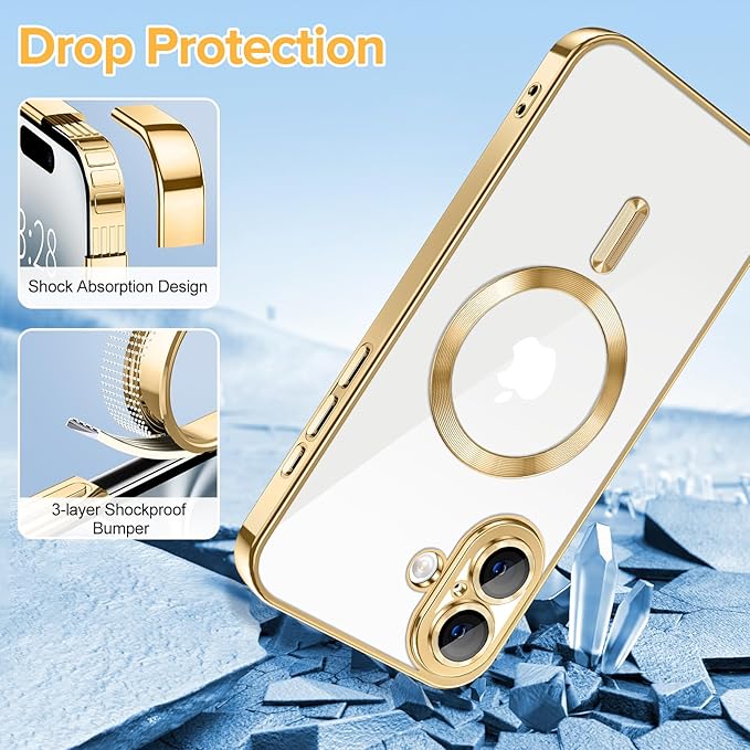 Hython Magnetic Clear for iPhone 16 Case with Camera Lens Protector [Compatible with MagSafe] Luxury Plating Edge Slim Soft TPU Cover Protective Phone Case for iPhone 16 6.1", Gold