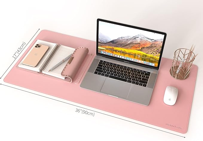 RENMTURE Dual-Sided Mouse Pad, Natural Cork & PU Leather Large Desk Pad for Office and Home Work, Desk Protector Non-Slip, Waterproof, Easy Clean (Pink, 36"x17")