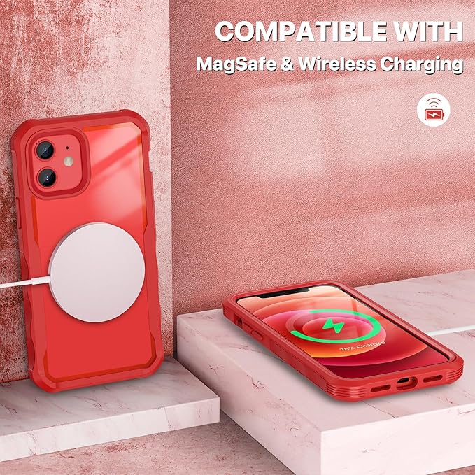 CENHUFO Privacy for iPhone 12 Case/iPhone 12 Pro Case, Full Body Phone Case with Built-in 9H Tempered Glass Privacy Screen Protector and Camera Lens Protector, Shockproof Bumper Clear Cover -Red