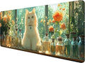 Cute Kawaii White Cat Desk Mat Green Plant Leaves Anime Extended Gaming Mouse Pad Mat with Stitched Edge Non-Slip Base Big Mouse Pad 31.5"x11.8" Office Computer Keyboard Laptop Home
