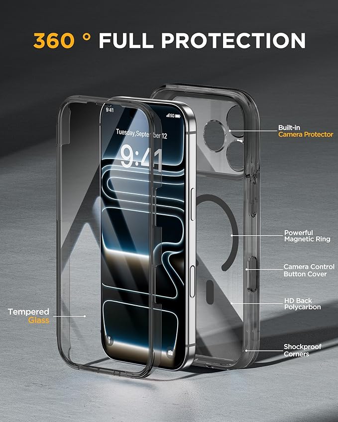 Miracase Magnetic for iPhone 17 Pro Case 6.3" [Compatible with MagSafe] Full-Body Phone Case with Built-in Glass Screen Protector & Camera Control,Drop Proof iPhone 17 Pro Cover, Clear Black