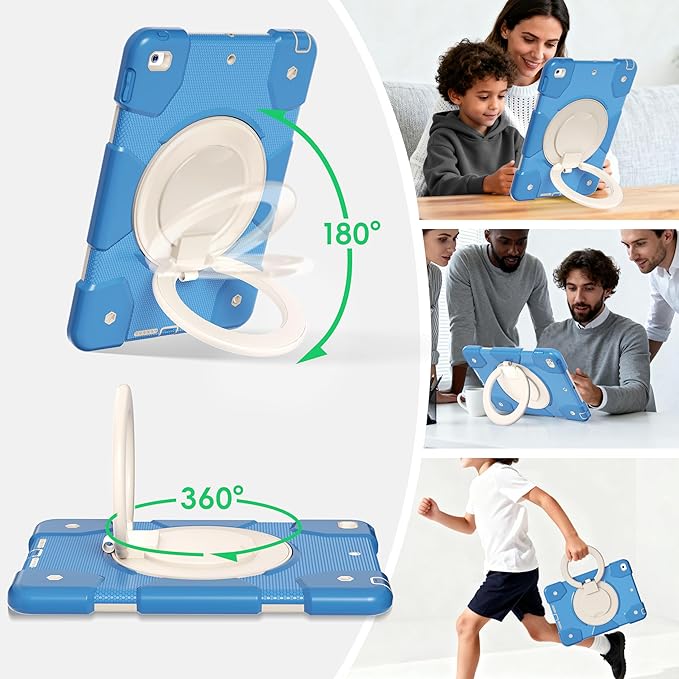 Andnary Case for iPad 9th/8th/7th Generation 10.2 inch, Shockproof Cover with Screen Protector/360° Rotate Stand/Pencil Holder/Shoulder Strap, Kids Case for iPad 2021/2020/2019 (Blue+White)