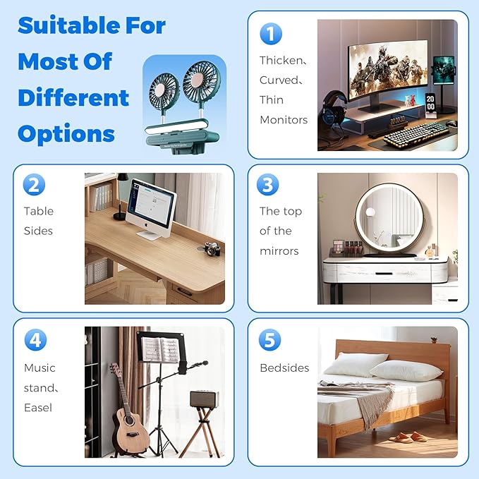 Energy-saving small fan with amp Light Bar Two-Head Personal Cooling Quiet USB Fan Flip-Open light, Level 3 brightness 3 Wind Speed for Working/Self Broadcasting (Forest Green)