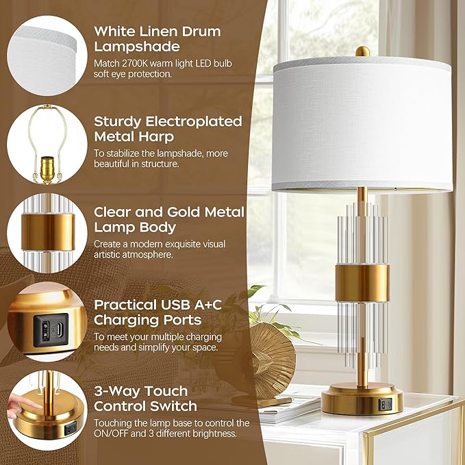 QiMH 25.5" Table Lamp Set of 2 with USB A+C Ports, Gold Lamp for Living Room with Touch Control, Modern Bedside Nightstand Lamp White Lamp Shade Bedroom Home Office Decor (2700K LED Bulbs Included)