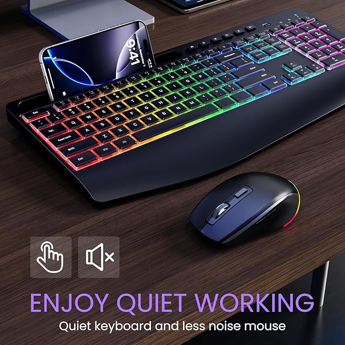Wireless Keyboard and Mouse Combo- VEILZOR 2.4G Rechargeable Keyboard with Phone Holder, Ergonomic Wrist Rest, 9 RGB Backlit Effects, Silent Keyboard Mouse Set for Windows, Laptop, PC