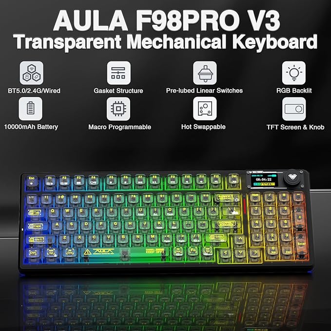 AULA F98 Pro V3 Wireless Mechanical Keyboard with Transparent Keycaps,Hot-swappable,Pre-lubed Linear Switches,Gasket Structure,RGB Backlit,TFT Screen,BT5.0/2.4G/USB-C Wired Computer Keyboard