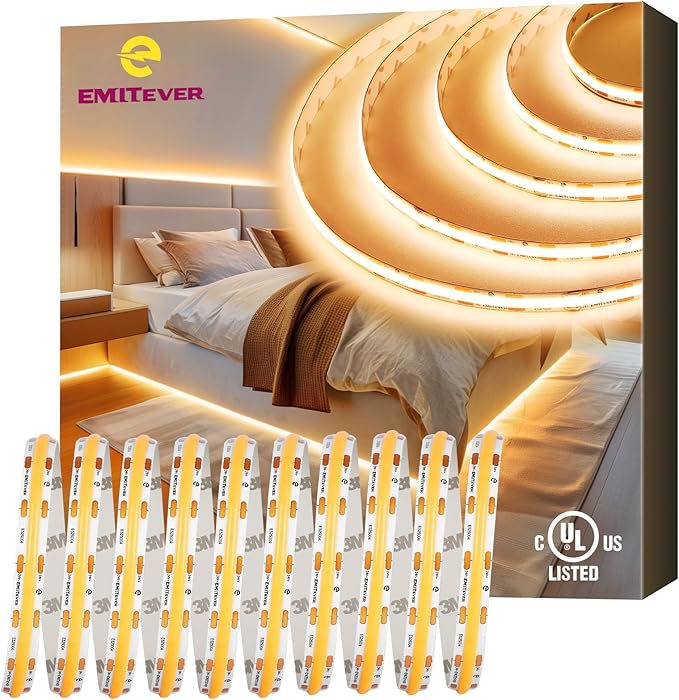 EMITEVER COB LED Strip Lights Warm White, 24V 2700K Tape Light Premium High Density, 300+Lumens/ft, 2400LEDs/Spool, Ra 90+, 16.4ft, 3W/ft, UL Listed 5 Year Warranty (Power Supply Sold Separately)