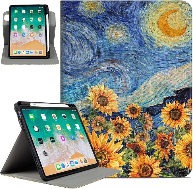 Rotating iPad Air 11-inch Case M4/M3/M2, Case for iPad Air 5th/4th Generation 10.9 Inch,360 Swivel Multi-Angle Adjustable Stand with Pencil Holder for iPad Pro 11-inch case Starry Night Sunflowers