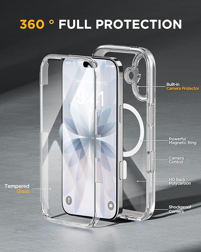 Miracase for iPhone 17 Case 6.3'', Full-Body Military Grade Drop Protection Outdoor Phone case with Built-in Glass Screen &Camera Control,Easy Installation,Compatible with MagSafe,Clear