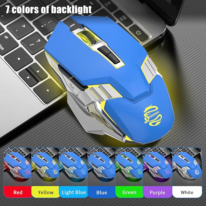Bluetooth Wireless Gaming Mouse, RGB Rechargeable USB Wireless Mouse, Quiet Click, LED Backlit, Ergonomic, with Side Button, DPI Adjustable Computer Mice for Laptop PC MacBook Chromebook - Blue