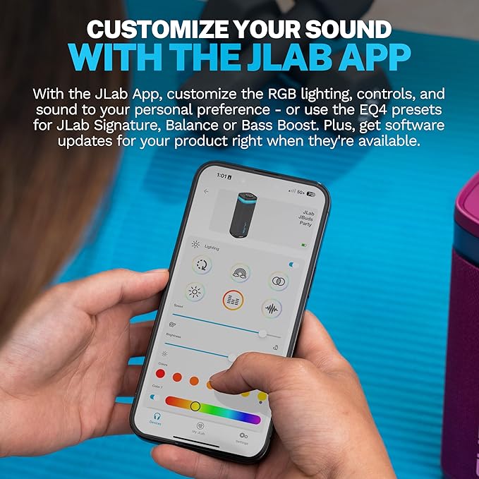 JLab JBuds Party Portable Bluetooth Speaker, 2 Full-Range Drivers + 2 Passive Woofers, IP56 Waterproof, 12 Hours Playtime, Connect Multiple Speakers, Custom Sound + RGB Lighting via App, Mulberry