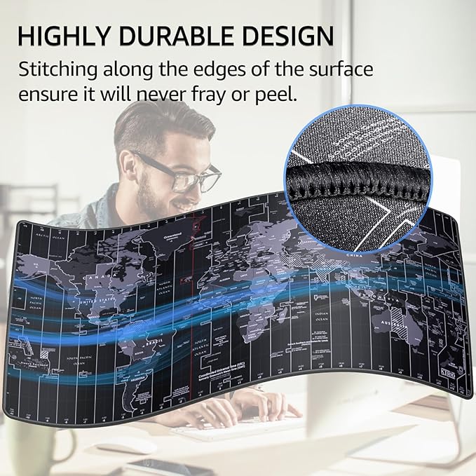 KTRIO Large Gaming Mouse Pad Desk Mat, Superior Micro-Weave Cloth, Non-Slip Rubber Base, Stitched Edges, Water-Resistant, for Gamer, Office & Home, 31.5 x 15.7 Inch，World Map